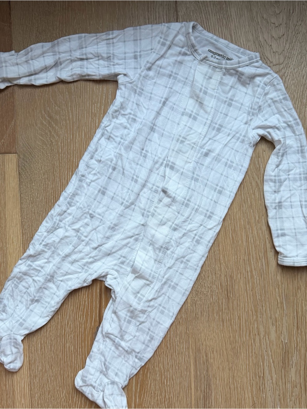 Magnetic Me White & Light Gray Plaid Footed One-Piece